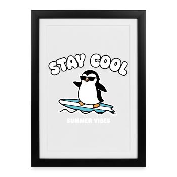 Restez au frais Penguin Surf Été - Affiche encadrée (27 × 37 cm) - noir - Devant