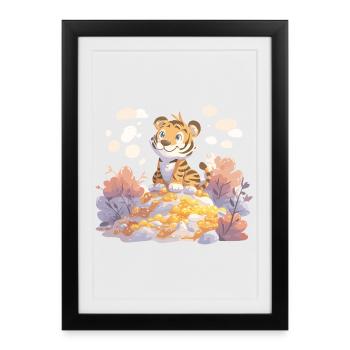 Petit tigre sur un trésor d’or dans la forêt d’automne - Affiche encadrée (27 × 37 cm) - noir - Devant