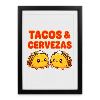 Tacos et Cervezas mignons, bouffe mexicain joyeux - Affiche encadrée (27 × 37 cm) - noir - Devant