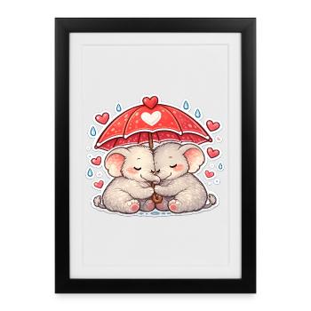 Éléphants câlins Pluie Amour - Affiche encadrée (27 × 37 cm) - noir - Devant