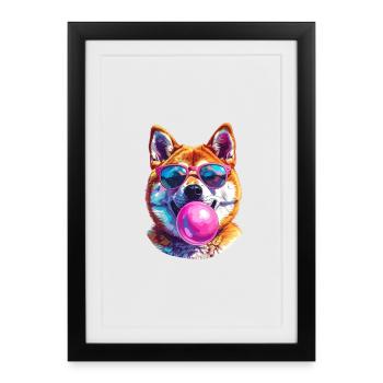 Akita Inu with bubblegum sunglasses - Framed poster (27 × 37 cm) - black - Front