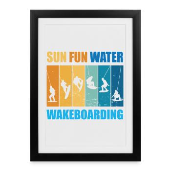 Soleil, Plaisir, Eau, Wakeboard - Affiche encadrée (27 × 37 cm) - noir - Devant