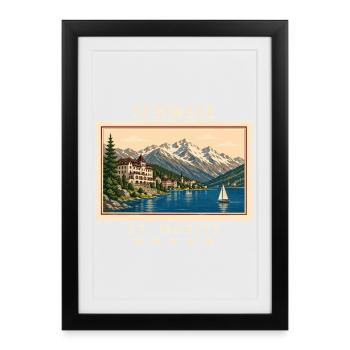 Schweiz St. Moritz Vintage Reisemarke - Gerahmtes Poster (27 × 37 cm) - Schwarz - Vorne