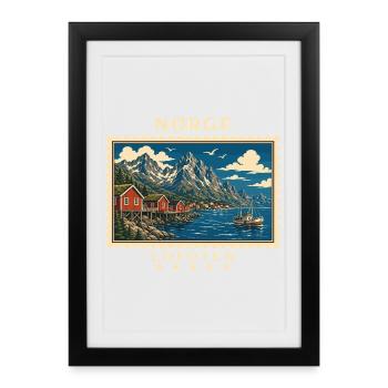 Norwegen Lofoten Vintage Reisemarke - Gerahmtes Poster (27 × 37 cm) - Schwarz - Vorne