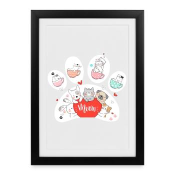Motifs mignons de chat et de chien sur des tasses - Affiche encadrée (27 × 37 cm) - noir - Devant