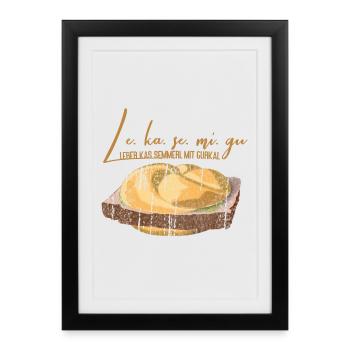 Leberkäs Semmerl avec cornichons – dialecte - Affiche encadrée (27 × 37 cm) - noir - Devant