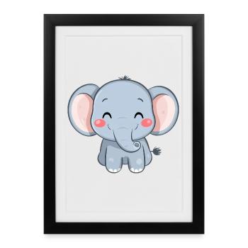 Éléphant mignon et heureux - Adorable dessin animé - Affiche encadrée (27 × 37 cm) - noir - Devant