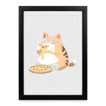 Cute Chubby Cat Eating Pizza - Framed poster (27 × 37 cm) - black - Front