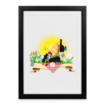 Pique-estival avec vin, pain et fruits - Affiche encadrée (27 × 37 cm) - noir - Devant
