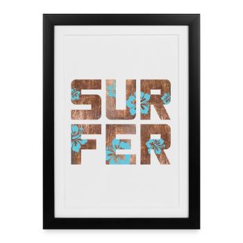 Surfeur Hawaï Hibiscus Blossom Surf Motif Bois - Affiche encadrée (27 × 37 cm) - noir - Devant