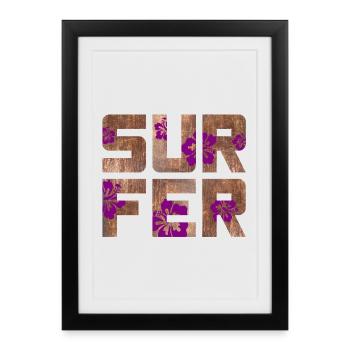 Surfeur Hawaï Hibiscus Blossom Vacances Sports nautiques - Affiche encadrée (27 × 37 cm) - noir - Devant