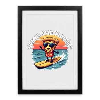 Slice the Waves - Surfing Pizza Cartoon Summer - Framed poster (27 × 37 cm) - black - Front