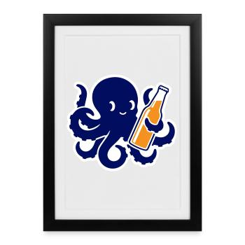 Pieuvre avec bouteille de bière style amusant - Affiche encadrée (27 × 37 cm) - noir - Devant