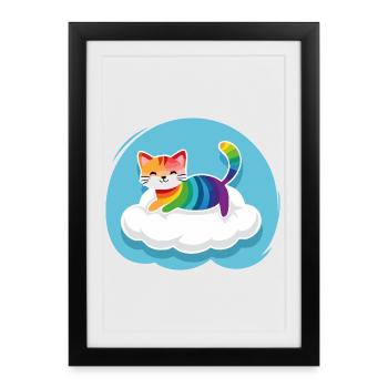 Un chat hétéroclite flotte sur un nuage (jour) - Affiche encadrée (27 × 37 cm) - noir - Devant