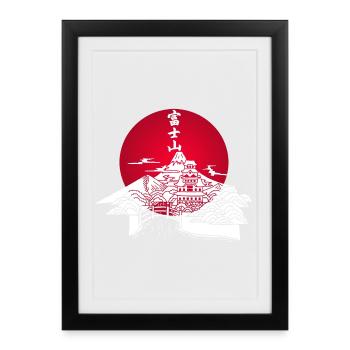 Paysage japonais blanc et soleil rouge - Affiche encadrée (27 × 37 cm) - noir - Devant
