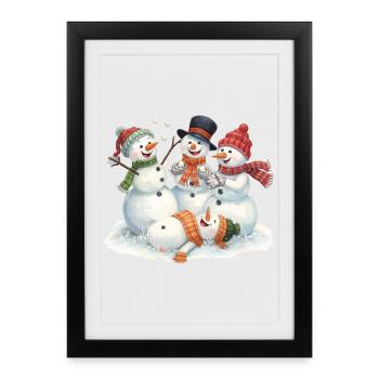 Four laughing snowmen having a snowball fight - Framed poster (27 × 37 cm) - black - Front
