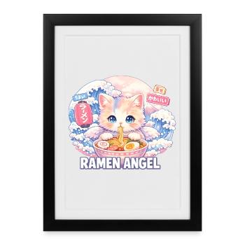 Japan Katze Ramen Nudel Retro Welle Motiv - Gerahmtes Poster (27 × 37 cm) - Schwarz - Vorne