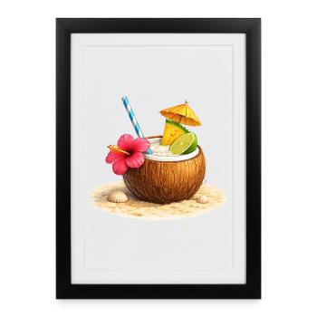 Tropischer Cocktail in der Kokosnuss am Strand  - Affiche encadrée (27 × 37 cm) - noir - Devant