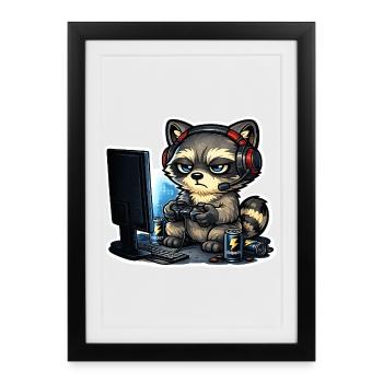 Raton laveur de jeu – Raton laveur gamer avec manette - Affiche encadrée (27 × 37 cm) - noir - Devant