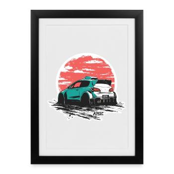 Teal Rally Car Sunset Sketch - Framed poster (27 × 37 cm) - black - Front