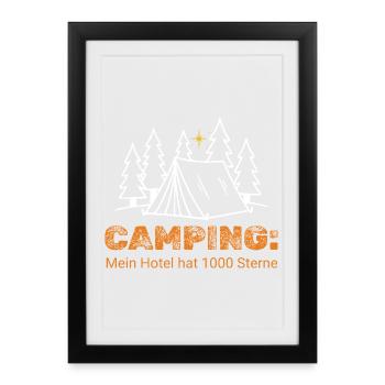 Camping 1000 Sterne Hotel - Minimalistisches Campe - Gerahmtes Poster (27 × 37 cm) - Schwarz - Vorne