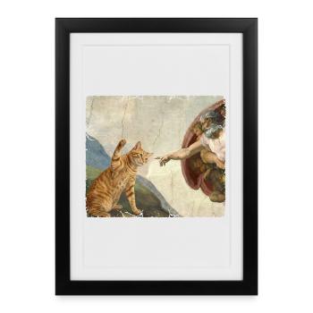 Chat gifle la main de Dieu Mème des chats drôles - Affiche encadrée (27 × 37 cm) - noir - Devant