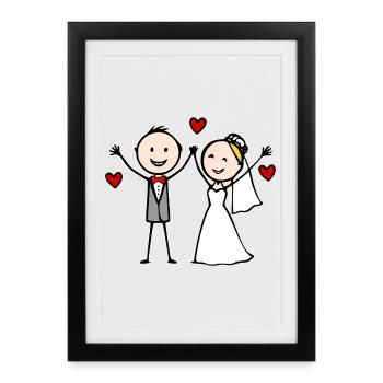 Dessin animé du couple de mariés joyeux - Affiche encadrée (27 × 37 cm) - noir - Devant