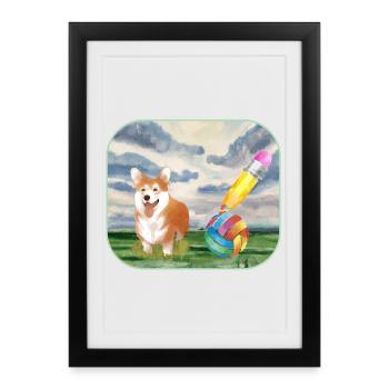 Watercolor Dog with Ball - Framed poster (27 × 37 cm) - black - Front