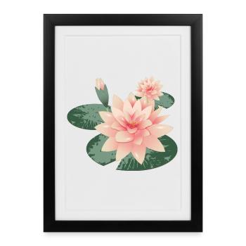 Deux fleurs de nénuphars avec bourgeon dans l’étang aux nénuphars - Affiche encadrée (27 × 37 cm) - noir - Devant