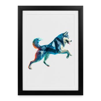chien de traineau husky origami géométrique 3d - Affiche encadrée (27 × 37 cm) - noir - Devant