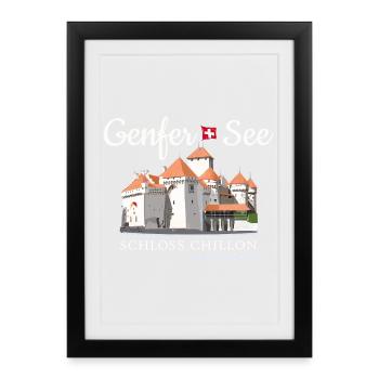 Lake Geneva, hand drawing of Chillon Castle, Switzerland - Framed poster (27 × 37 cm) - black - Front