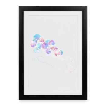 Chat flottant avec des ballons colorés Illustration - Affiche encadrée (27 × 37 cm) - noir - Devant