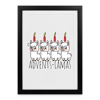 The 4 cute Advent llamas - a candle is burning! - Framed poster (27 × 37 cm) - black - Front