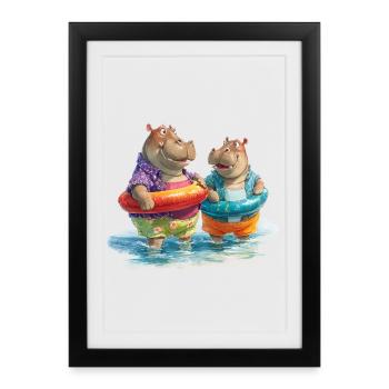 Hippos on the beach with swimming rings - Framed poster (27 × 37 cm) - black - Front