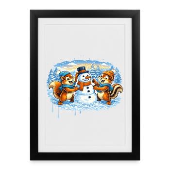 Funny Winter Animals Building a Snowman – Comic - Framed poster (27 × 37 cm) - black - Front