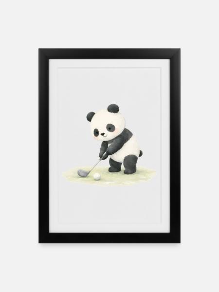 Panda pelaamassa golfia -kuvitus - Kehystetty juliste (27 × 37 cm) - musta