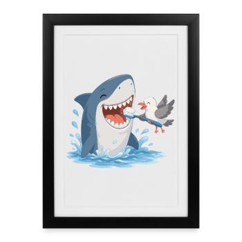 Requin se brossant les dents avec une mouette - Affiche encadrée (27 × 37 cm) - noir - Devant