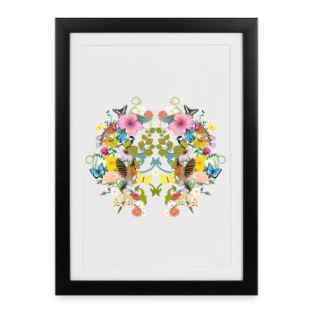 fleurs symétriques, oiseaux et papillons - Affiche encadrée (27 × 37 cm) - noir - Devant