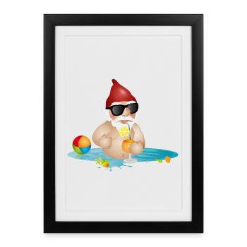 Garden gnome in the swimming pool or sea and drink - Framed poster (27 × 37 cm) - black - Front