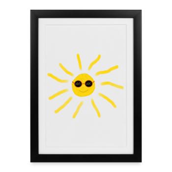 Soleil drôle avec des lunettes de soleil plage d’été - Affiche encadrée (27 × 37 cm) - noir - Devant