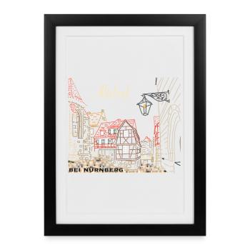 Altdorf près de Nuremberg, colombage, Bavière, dessin - Affiche encadrée (27 × 37 cm) - noir - Devant
