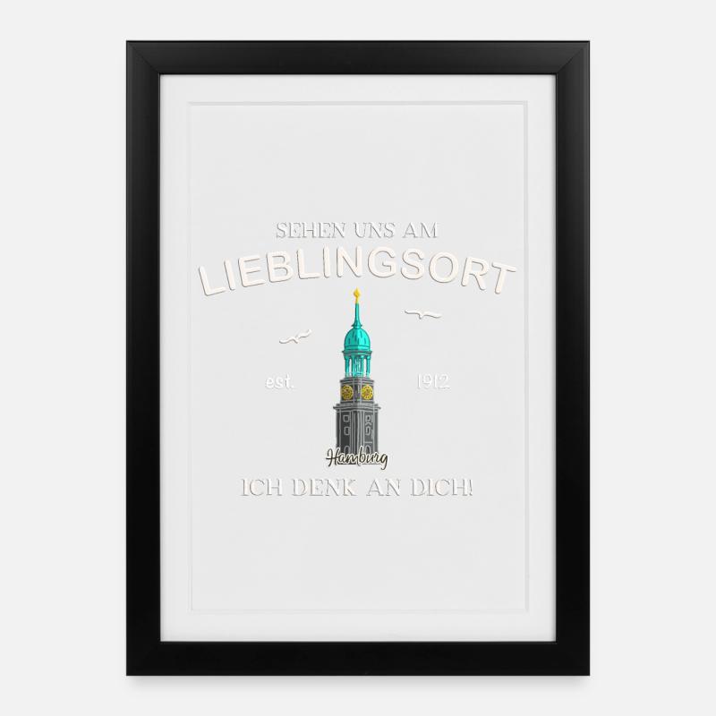 Ich denk an dich, Lieblingsort, Hamburger Michel - Gerahmtes Poster (27 × 37 cm) - Schwarz