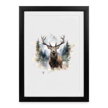 Watercolor deer in the forest - Framed poster (27 × 37 cm) - black - Front