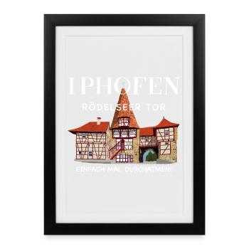 Iphofen Kitzingen, Bavière Dessin de la vieille porte de la ville - Affiche encadrée (27 × 37 cm) - noir - Devant