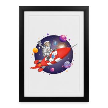 L’astronaute et la fusée rouge dans l’espace - Affiche encadrée (27 × 37 cm) - noir - Devant