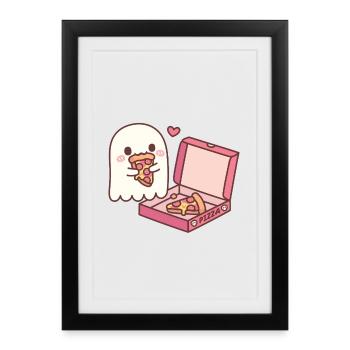 Fantôme mignon mangeant de la pizza drôle - Affiche encadrée (27 × 37 cm) - noir - Devant