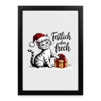 Weihnachts Katze – lustiges Wintermotiv - Gerahmtes Poster (27 × 37 cm) - Schwarz - Vorne