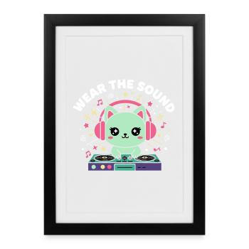 Chat KAWAÏ DJ Pastel Wear The Sound - Affiche encadrée (27 × 37 cm) - noir - Devant
