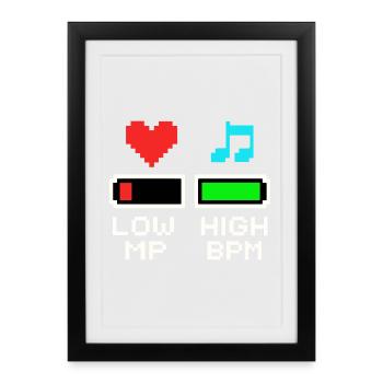 LOW MP HIGH BPM Pixel Art Gaming Musique - Affiche encadrée (27 × 37 cm) - noir - Devant