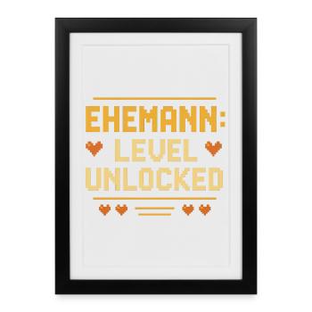 Mari Niveau Débloqué Gamer Drôle Mariage Amour - Affiche encadrée (27 × 37 cm) - noir - Devant
